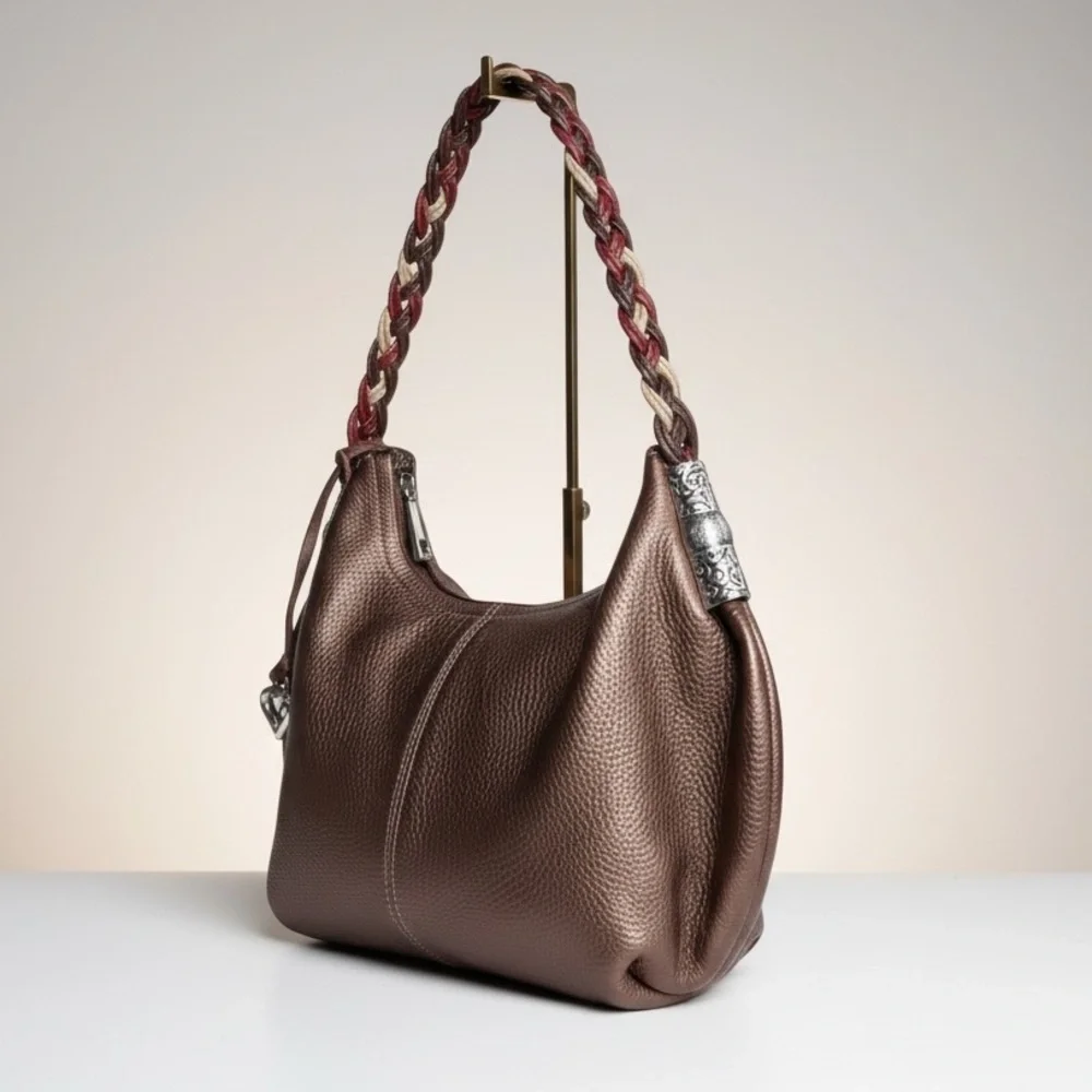 Brighton NWOT Braided Strap Pebbled Leather Hobo in Bronze with Heart Charm